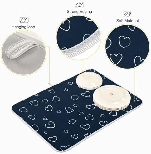 OTVEE Heart Sketch Art Dish Drying Mat for Kitchen Counter Absorbent