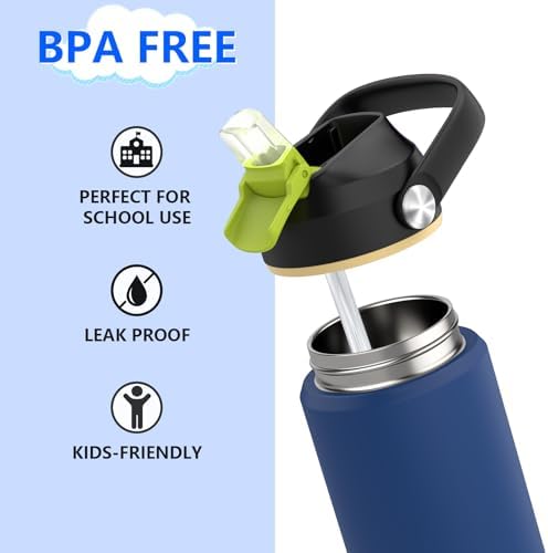 Kids Blue Water Bottle for School,Boys 18 oz Insulated Stainless Steel