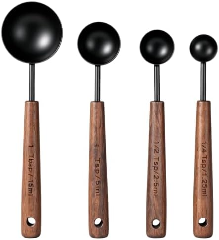 4 Pcs Wooden Handle Measuring Spoons, Black Stainless Steel Measuring