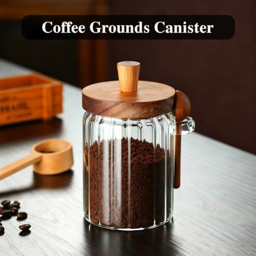 TIWPAJS Coffee Grounds Canister with Wooden Spoon and Lid, Ribbed