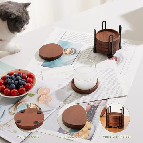 Set of 6 Wooden Coasters with Holder-Coffee Table Coasters for Drink