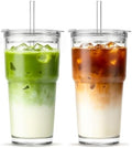 INSETLAN 20 oz Iced Coffee Cups with Lids and Straw, Set of 2 Glass