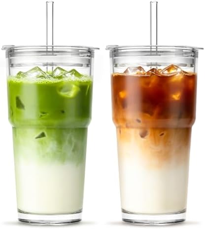INSETLAN 20 oz Iced Coffee Cups with Lids and Straw, Set of 2 Glass