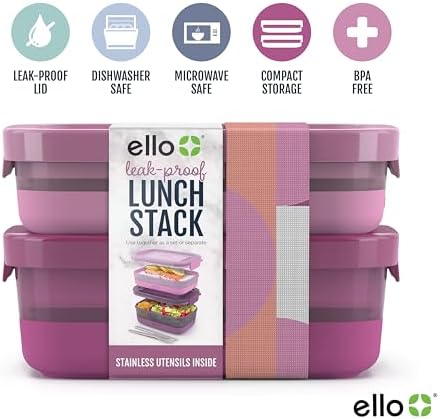 Ello Lunch Stack Bento Box Plastic Food Containers, 2 Pack, Raspberry