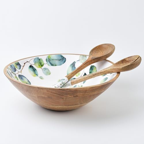 12.5" Large Wooden Salad Bowl with Servers, 3 Piece Wood Serving Bowl