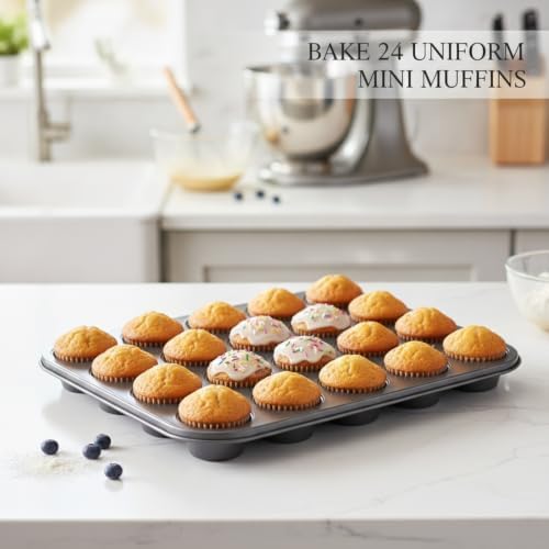 24-Cup Carbon Steel Muffin Pan, Heavy Duty Mini Cupcake Baking Tray