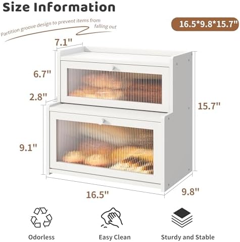 Bread Box for Kitchen Countertop Double Layer Large Corner Bread Box Capacity Bread Storage Bin Farmhouse Breadbox Container Organizer Cabinet Cupboard (White)