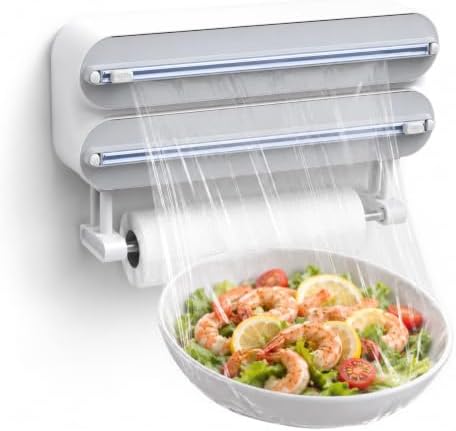 3-in-1 Kitchen Wrap Dispenser with Cutter and Paper Towel Holder, Aluminum Foil Organizer and Storage, Kitchen Countertop Space Saving Organization