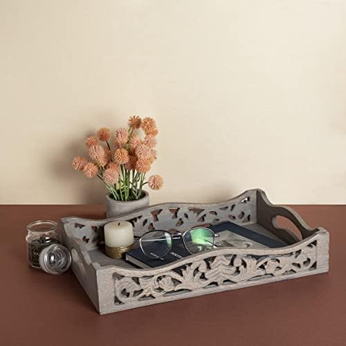 GoCraft Handmade Wooden Tray with Handles – Grey Washed Wood Serving
