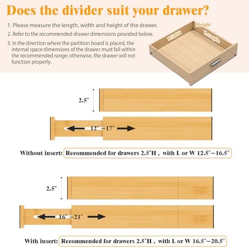 Bamboo Drawer Dividers, 12-21 Inch Kitchen Adjustable Drawer