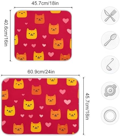 OTVEE Red Cat Art Dish Drying Mat for Kitchen Counter Absorbent Heat
