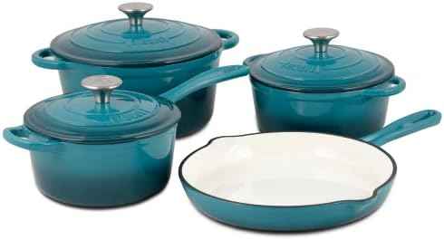 Basque Enameled Cast Iron Cookware Set, 7-Piece Set (Biscay Blue)