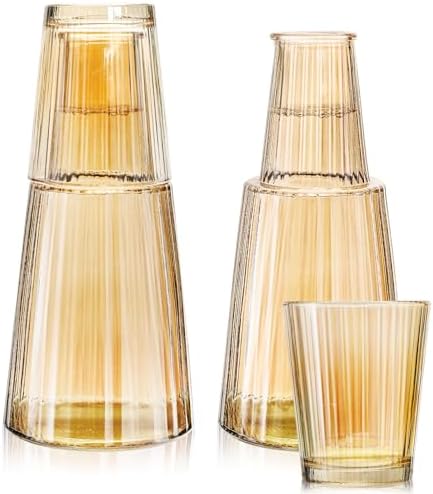 TOPZEA 4 Pcs Vintage Bedside Water Carafe with Glass Tumbler Set, 27oz