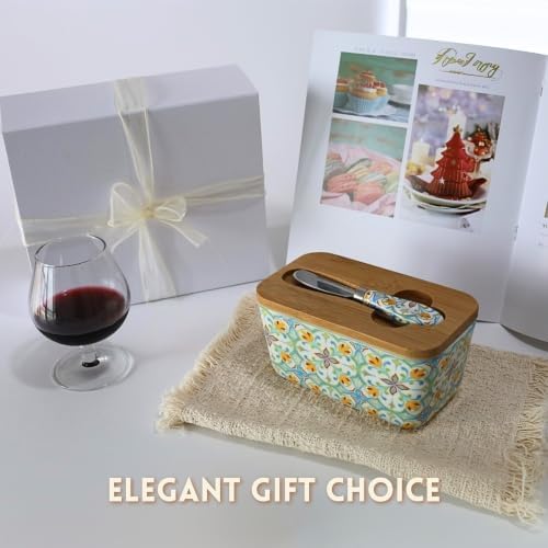 Butter Dish with Lid for Countertop 16oz, Ceramic, with Boho Knife