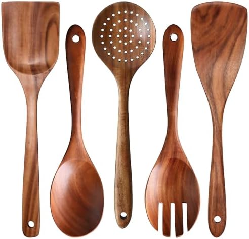 Wooden Kitchen Utensils Set 5-Piece Natural Teak Wooden Spoons for
