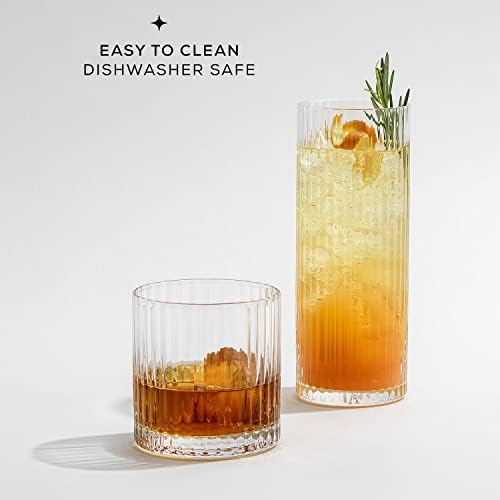 JoyJolt Elle 16oz Fluted Highball Glasses Set of 2, Ribbed Tall