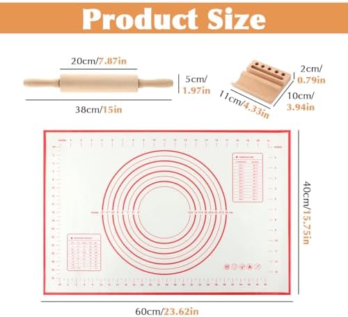 Wood Rolling Pin with Silicone Baking Mat and Wooden Base