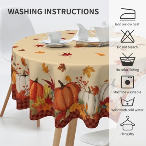 Fall Tablecloth 60 Inch Round White Orange Pumkins Festival Table
