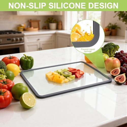 Tempered Glass Cutting Board 8x12" and 12x16", GUGEMEI Glass Chopping Board for Kitchen Counter, Non-Slip Rubber Ring, Dishwasher Safe