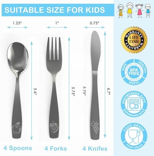 12 Piece Stainless Steel Kids Silverware Set - Child and Toddler Safe