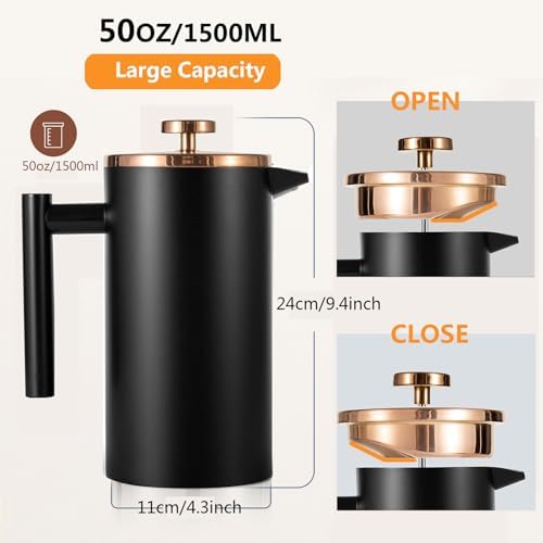 Stainless Steel French Press Coffee Maker, 1500ml