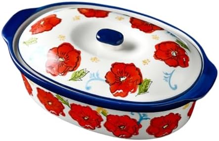 Floral Ceramic Casserole Dish with Lid – 40oz Oval Baking Dish