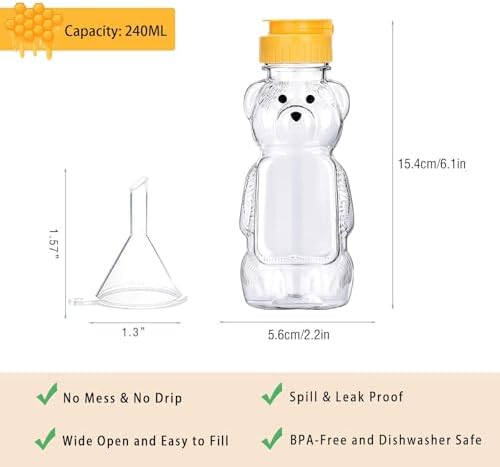 2 Pack Plastic Bear Honey Bottles with Funnel, 240ml Squeeze Honey