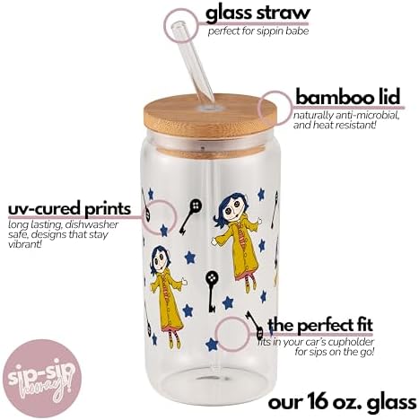 Sip-Sip Hooray! Coraline 16oz Glass Can Cup with Lid and Straw, Button