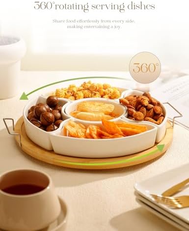 Ceramic Divided Serving Dishes with 360°Rotatable Bamboo Tray and