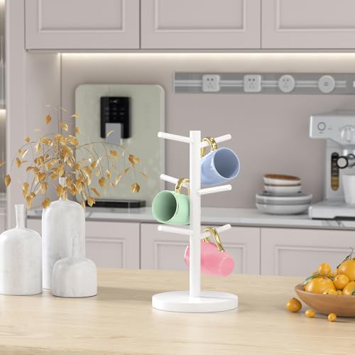 Bamboo Coffee Mug Tree Holder with 6 Hooks, Cup Stand for Countertop