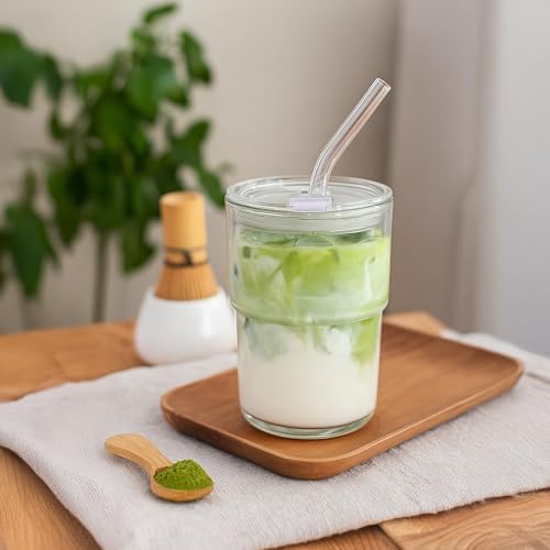 13oz Glass Tumbler with Straw and Lid, Leak Proof Iced Coffee Cup