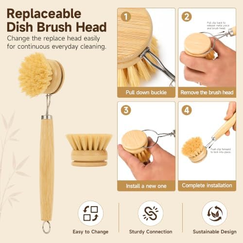 SAMEBUTECO 5-Piece Bamboo Dish Brush Set