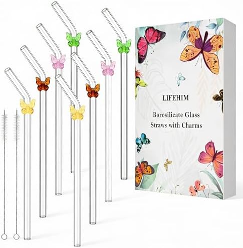 Multicolor Butterfly Glass Straws with Charms, 9 Inch Bent for