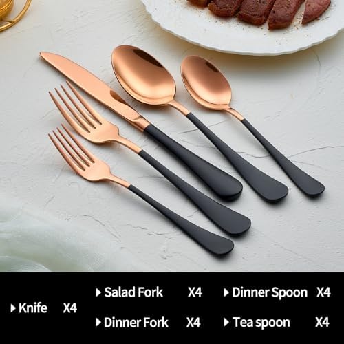 20-Pieces Rose Gold and Black Silverware Sets for 4,Black Handle