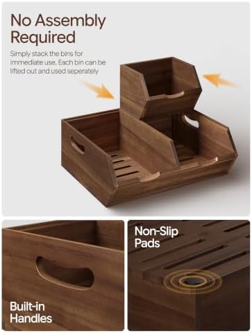 Tidita Wood Potato and Onion Storage Bin, Set of 3, Stackable, Walnut