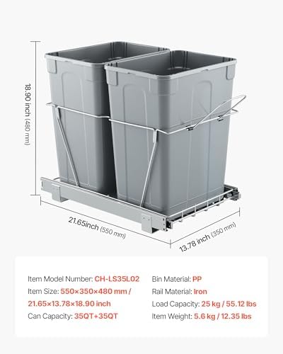 VEVOR Pullout Trash Can, 35 QT x2, Grey