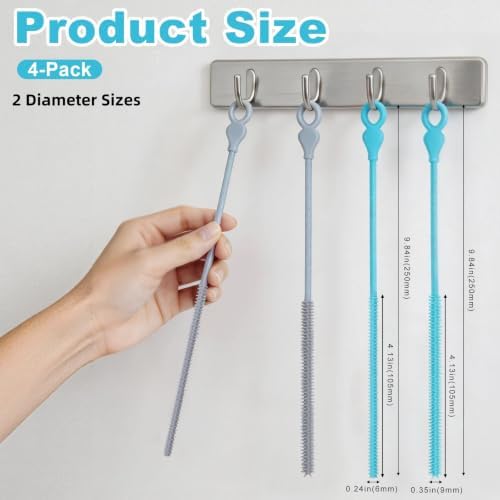 Silicone Straw Cleaner Brush, 4pcs Straw Brush Cleaner Set Blue Gray