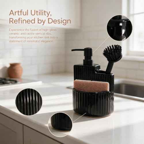 RQYIXI 3-in-1 Ceramic Round Soap Dispenser with Sponge Holder,Black,18