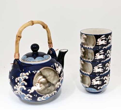 Japanese Folklore Moon Rabbit Wave Design Porcelain Tea Set with