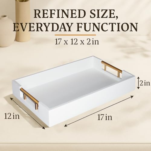 Serving Tray with Handles – 17 x 12 x 2 Inch White Acacia Wood Ottoman