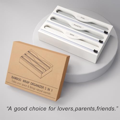 Wrap Dispenser with Cutter and Labels, Plastic Wrap Organizer For Kitchen,Bamboo 3-in-1 Wrap Dispensers for Cling Wrap Aluminum Foil and Wax,Storage Organization Holder（White）