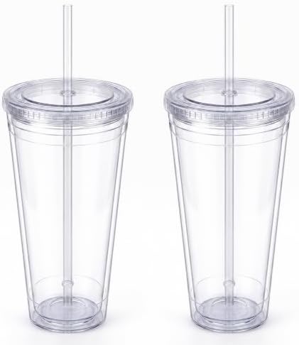 Zukro Clear Double Wall Plastic Tumbler with Lid and Straw 32 oz