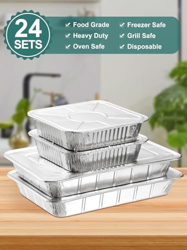 NEEBAKE 24 Pack Disposable Aluminum Pans with Lids Combo Set- 12 Large
