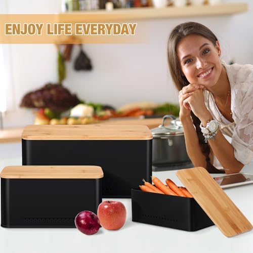 3 Pcs Metal Storage Box with Lid Nesting Farmhouse Storage Bins, Black