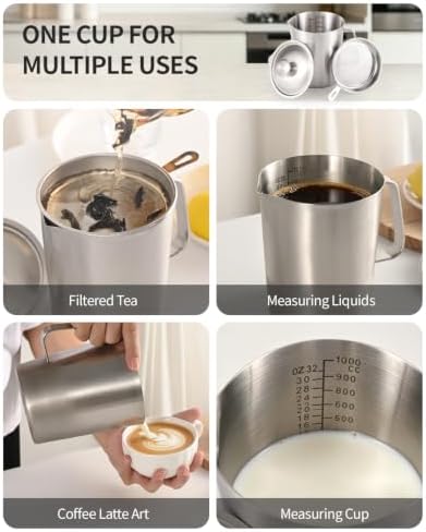 304 Stainless Steel Measuring Cup with Lid, Strainer, 32oz pitcher for