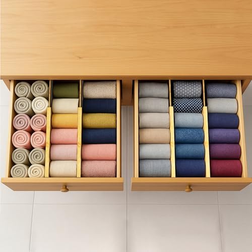 Bamboo Drawer Dividers 6 Pack with Non Slip Liner, Adjustable