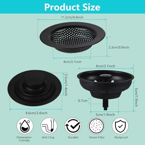 3 PCS Kitchen Sink Stopper Strainer,Anti-Clogging Stainless Steel Sink
