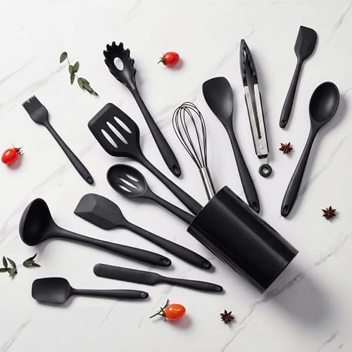 LIANYU 14 Pcs Black Silicone Kitchen Utensils Set