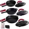 Cuisinel 12" + 10" + 8"-Inch Cast Iron Skillets Set with Braiser Lids + Silicone Handle Grips + Pan Scraper - Indoor/Outdoor Pre-Seasoned Kitchen Cookware - Oven, Fire, Stove Safe