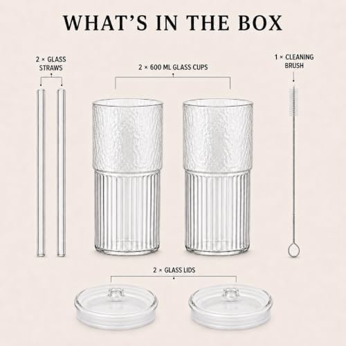 Luiaiog 20 oz Glass Cups with Lids and Straws Set of 2, Ribbed Glass
